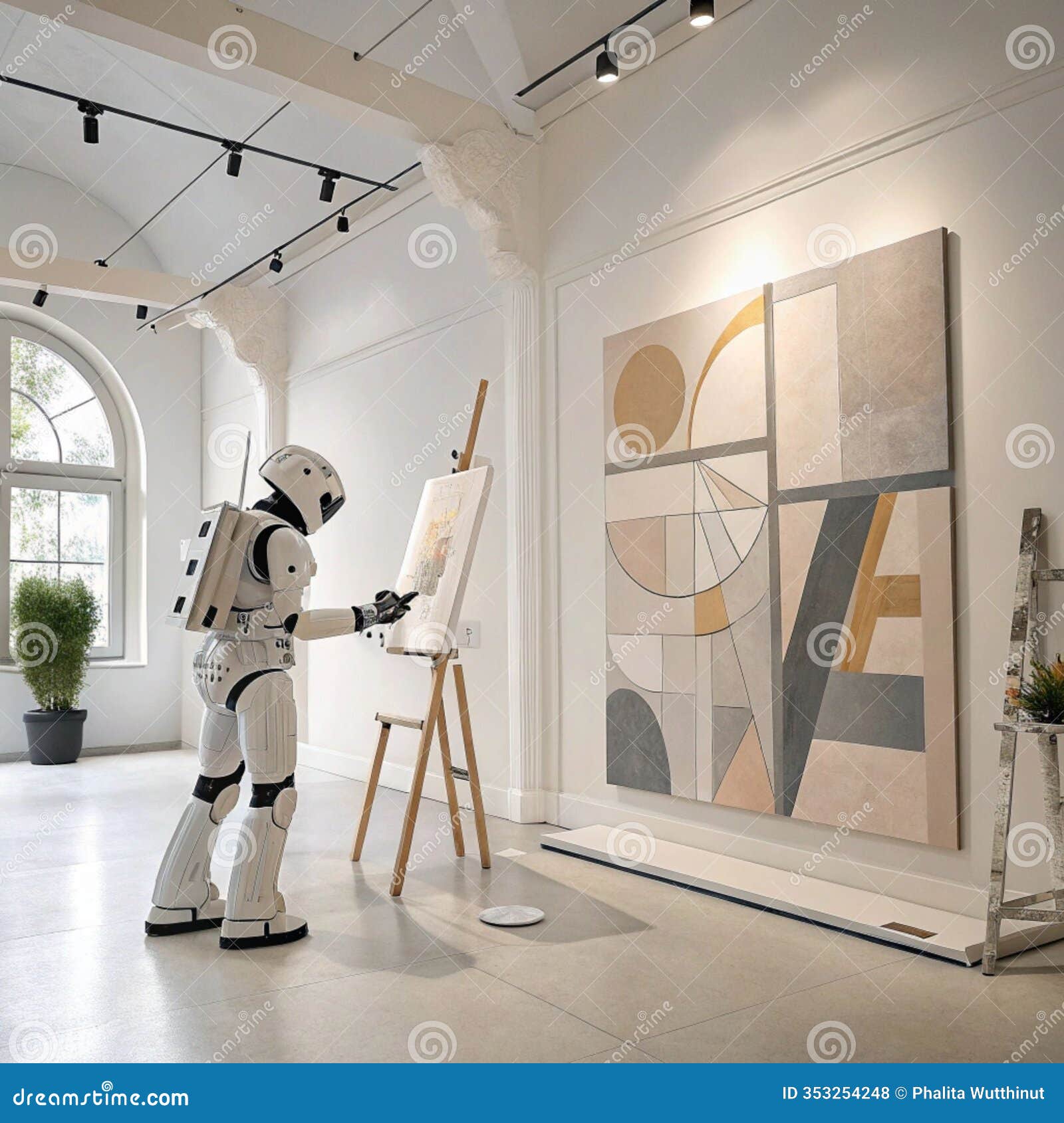 a serene art studio featuring a futuristic ai robot painting a classical masterpiece on canvas. generative ai